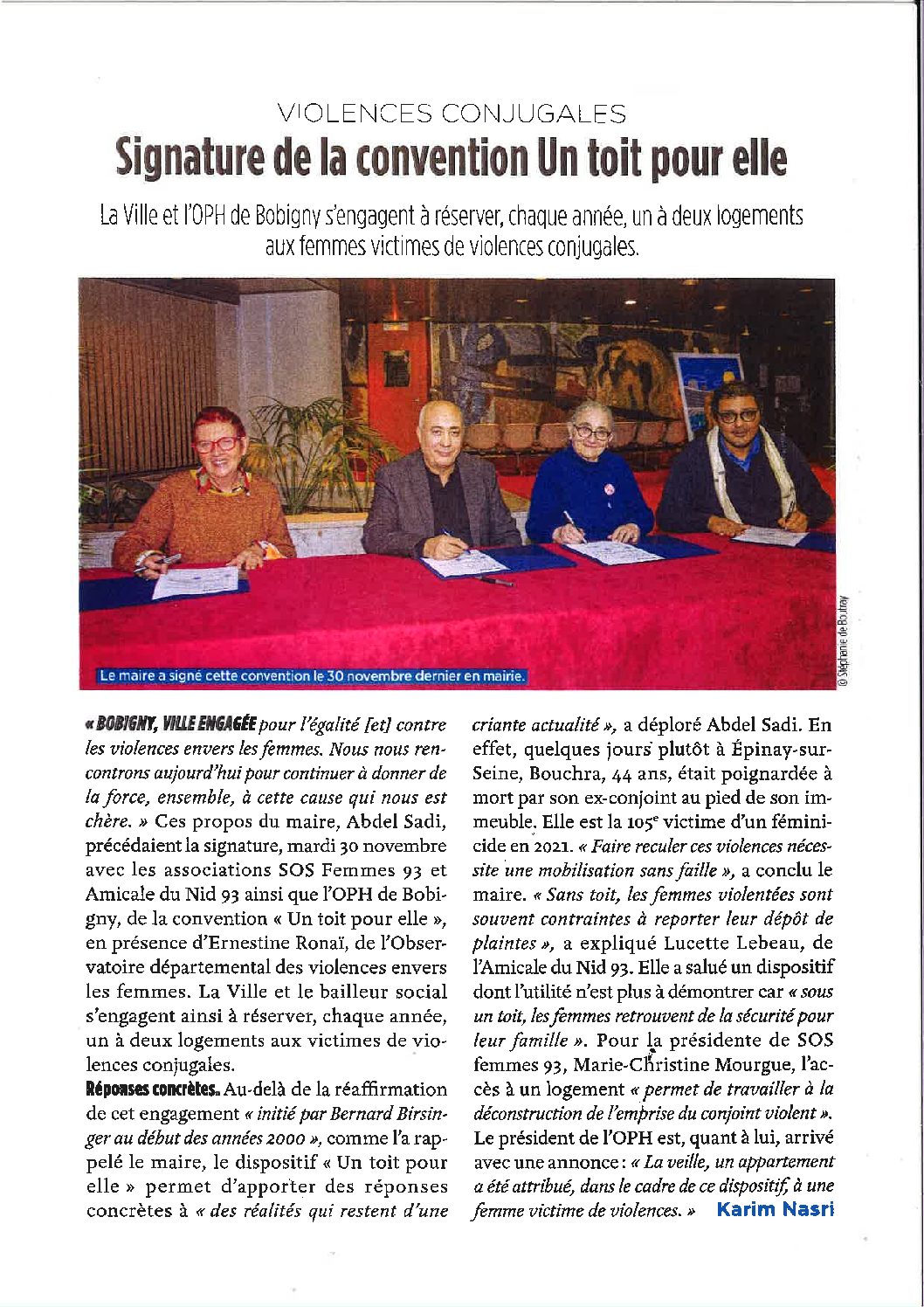 30 novembre : Signature de la convention « Un toit pour elle » par la Municipalité de Bobigny