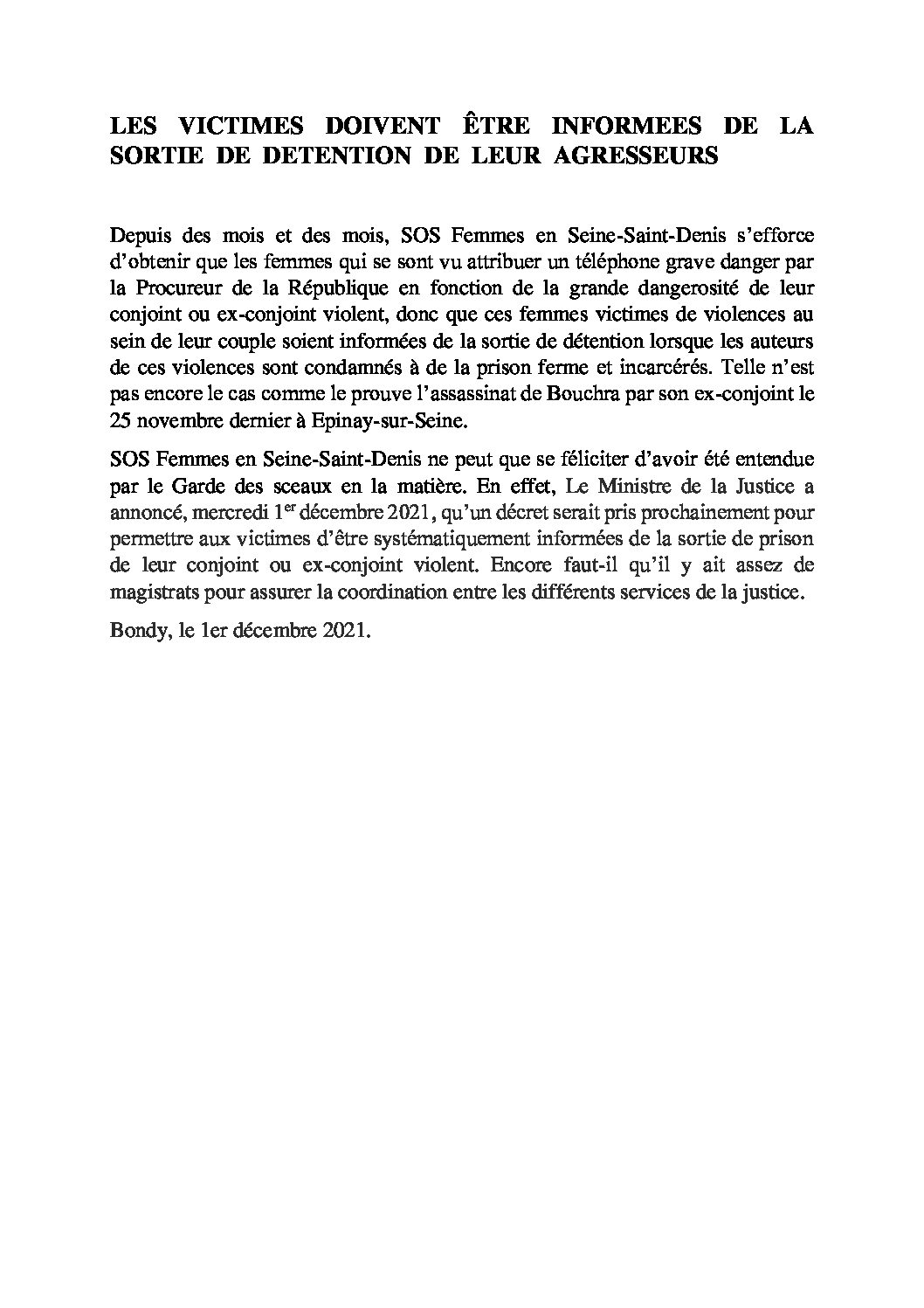 1er décembre 2021 : Position de SOS Femmes en Seine-Saint-Denis