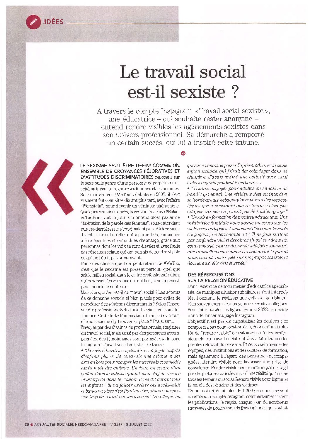 8 juillet 2022 : Le travail social est-il sexiste ? ARTICLE