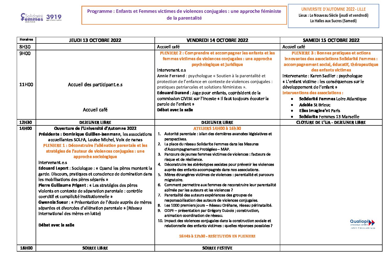 13,14 et 15 octobre : Université d’Automne de la FNSF à Lille. Enfants et femmes victimes de violences conjugales : une approche féministe de la parentalité.