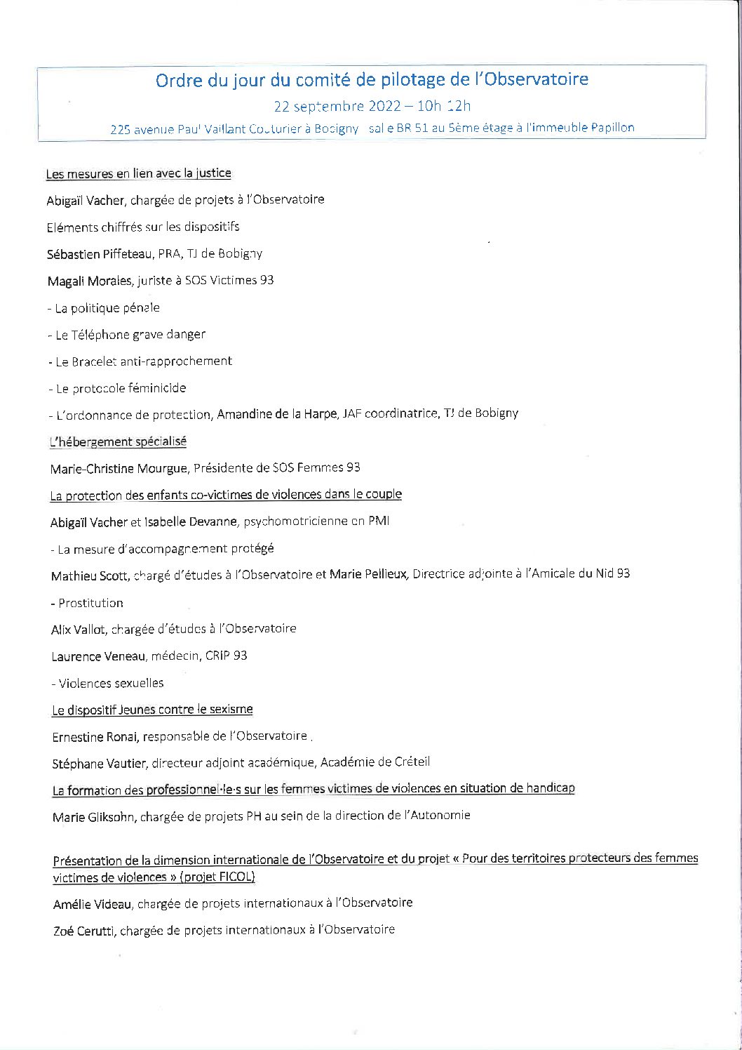 22 septembre 2022 : Le comité de pilotage de l’observatoire départemental des violences envers les femmes reçoit la haute-fonctionnaire à l’égalité femmes-hommes du ministère de la justice, Laetitia Dhervilly-Alfero : Présentation des différents services et associations pour mieux connaître les diverses politiques publiques mises en œuvre en Seine-Saint-Denis pour protéger les femmes victimes de violences.