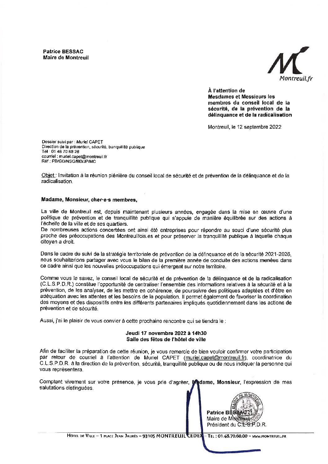 17 novembre 2022 : Conseil local de prévention de la délinquance et de la radicalisation à Montreuil
