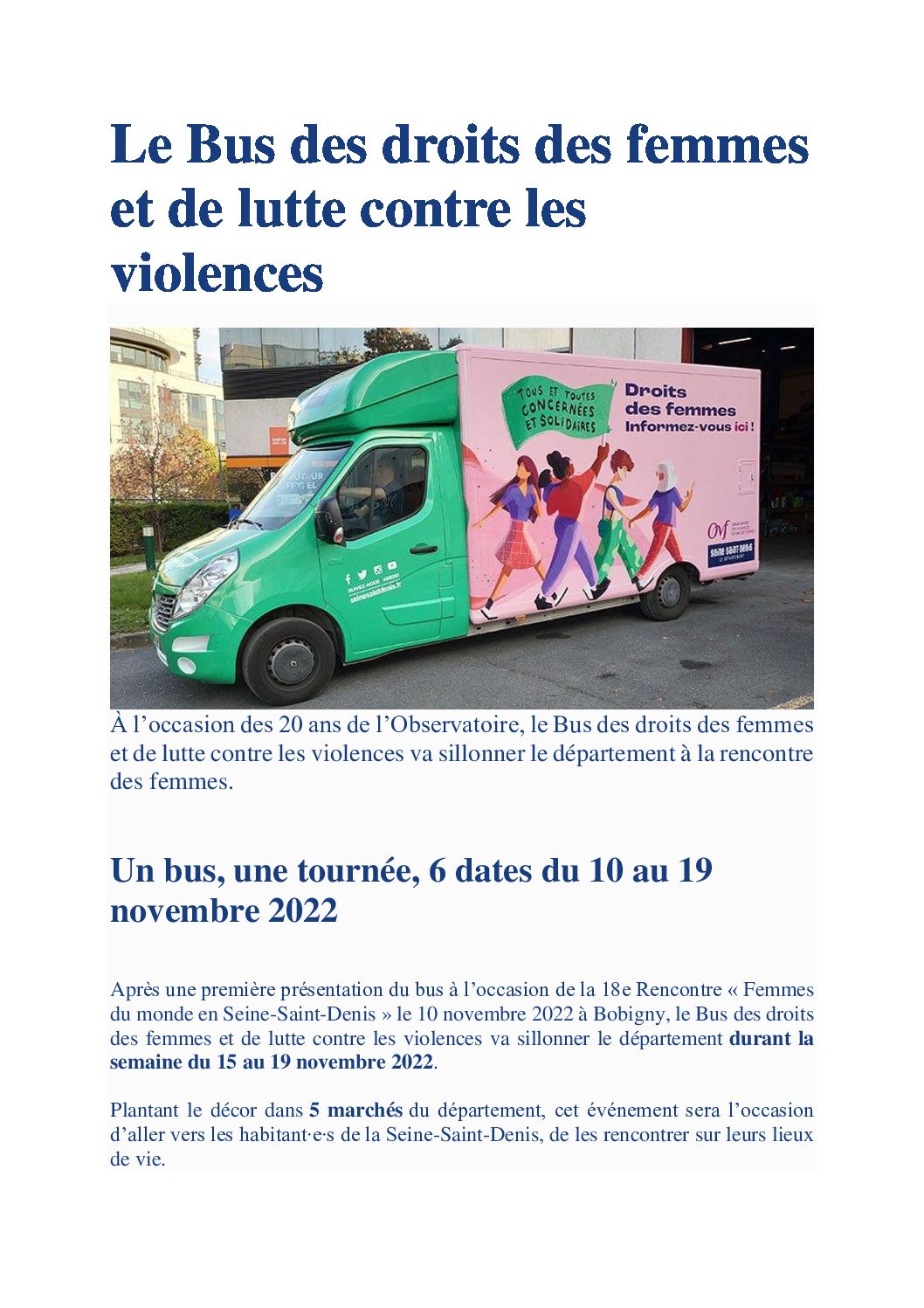 Du 10 au 19 novembre : Le bus des droits des femmes et de lutte contre les violences en Seine-Saint-Denis