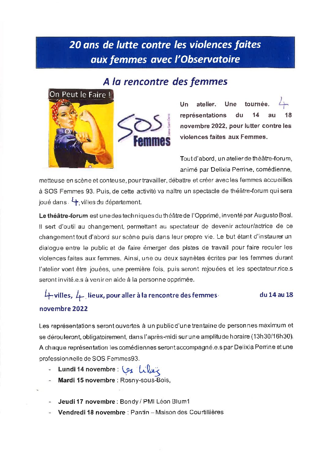 Du 14 au 18 novembre 2022 : Représentations publiques de saynettes écrites et jouées par des femmes accueillies à SOS Femmes en Seine-Saint-Denis