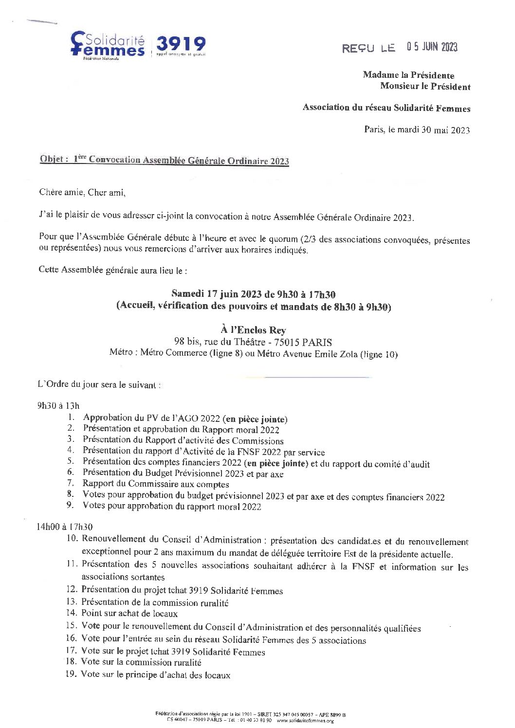 17 juin 2023 : Assemblée générale de la Fédération nationale solidarité femmes