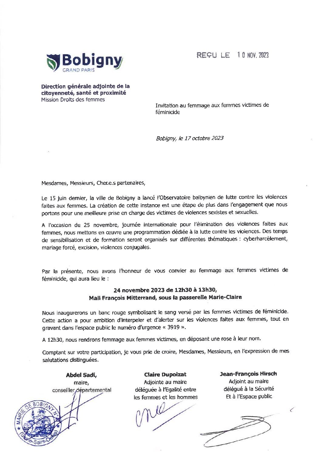 24 novembre 2023 : 12h30 – Mail François Mitterrand à Bobigny – Femmage aux victimes de féminicide.