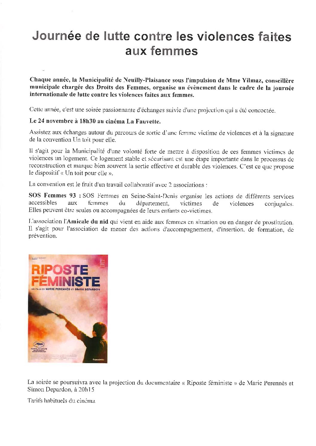 24 novembre 2023 : 18h30 – Cinéma « La Fauvette » – Signature de la convention « un toit pour elle ».