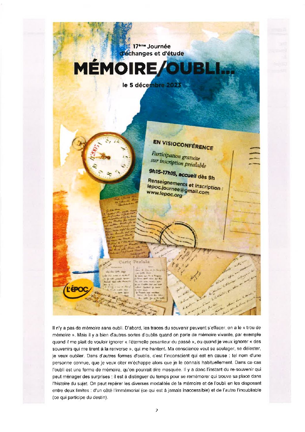5 décembre 2023 : 9h15-17h15 – EPOC – Mémoire/oubli.