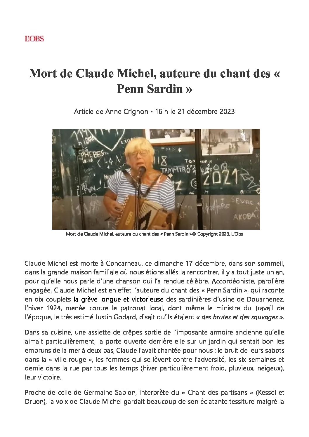 17 décembre 2023 : Hommage à Claude Michel.