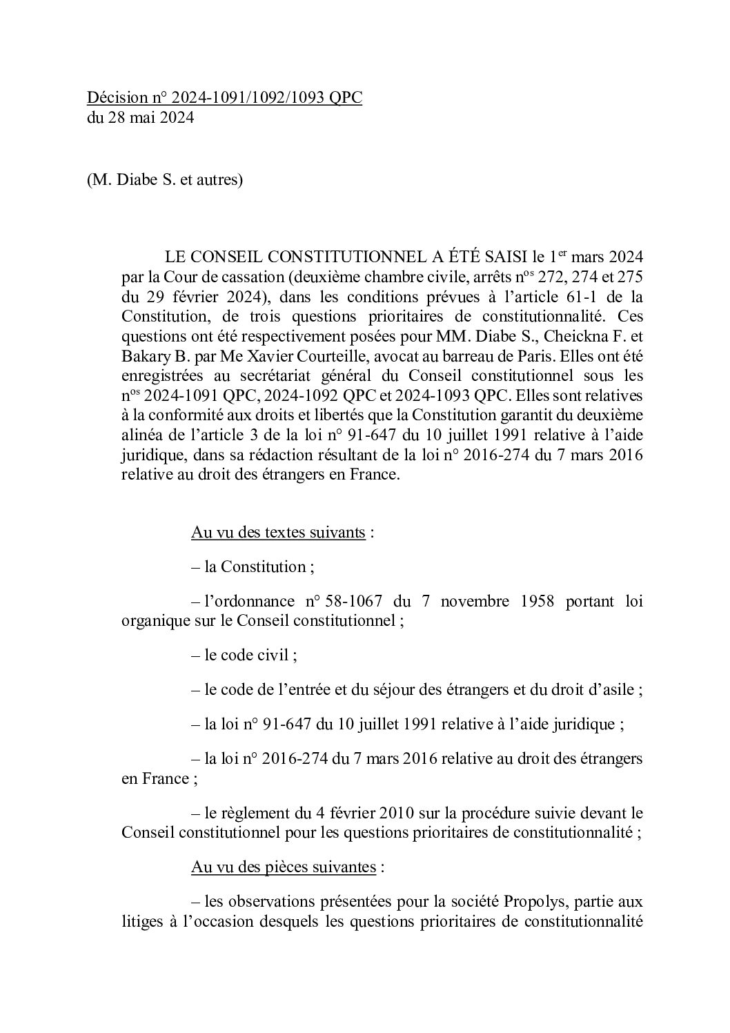 28 mai 24 : décision du conseil constitutionnel : suppression de la condition de régularité de séjour pour accéder à l’aide juridictionnelle